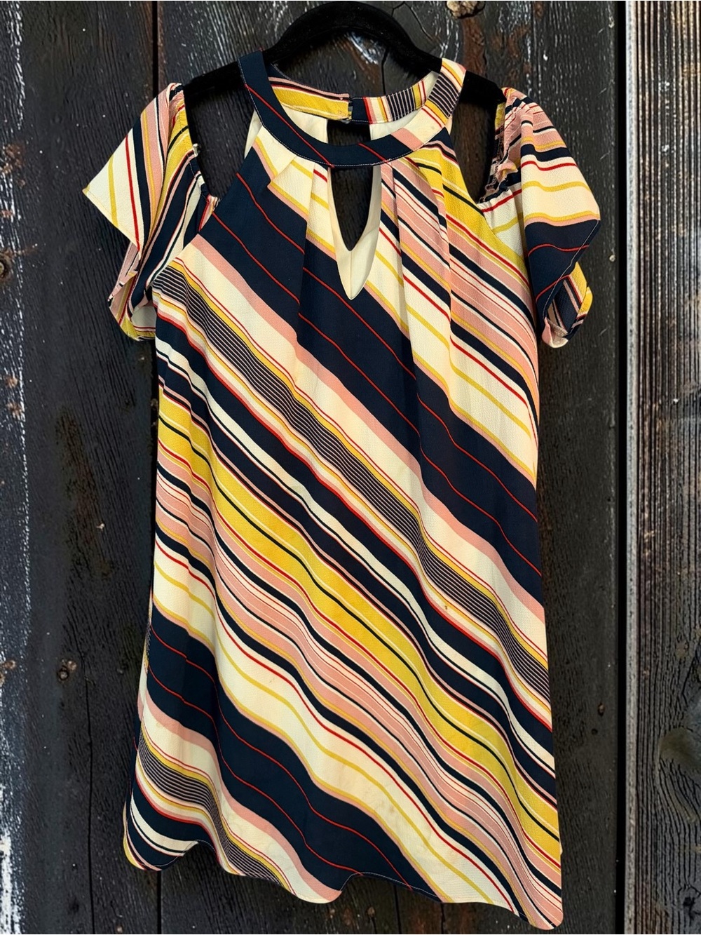 Lily Rose Diagonal Stripe Shift Dress Medium Cold Shoulder Retro Boho
